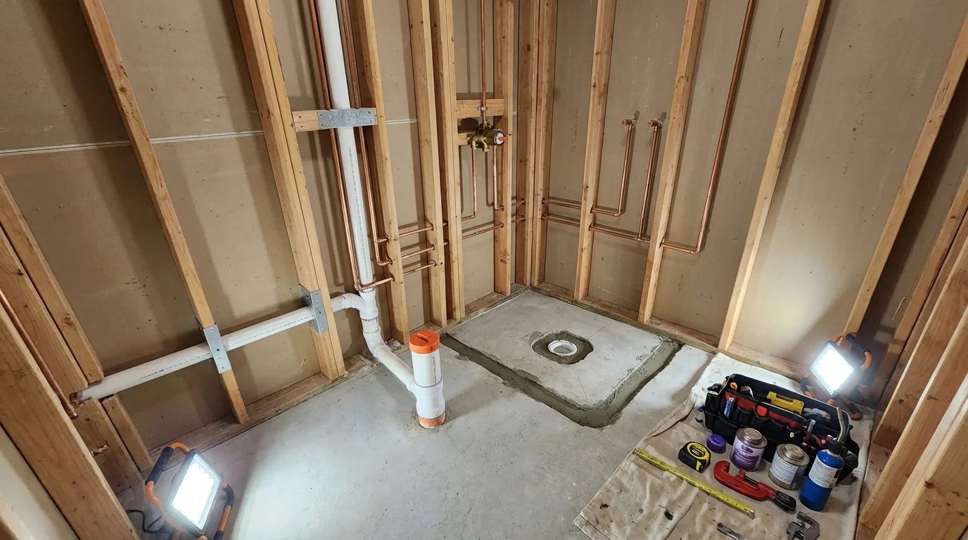 Bathroom rough-in plumbing during remodel by Johns Plumbing LLC in Ennis