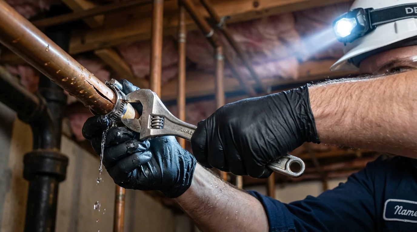 Emergency pipe clamp repair being performed by a Johns Plumbing LLC plumber in Ennis