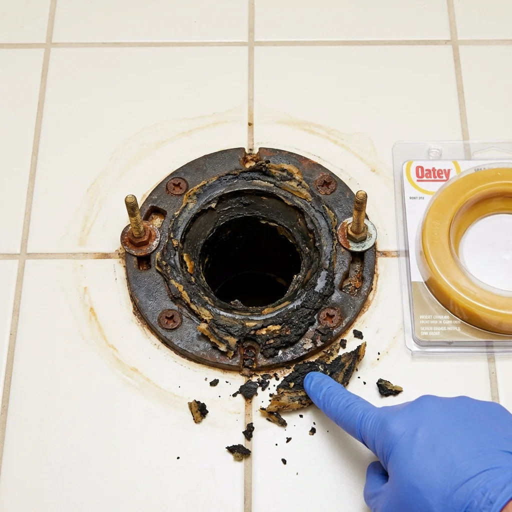Failed wax ring showing water seepage at the base of a toilet in a Ennis, TX home