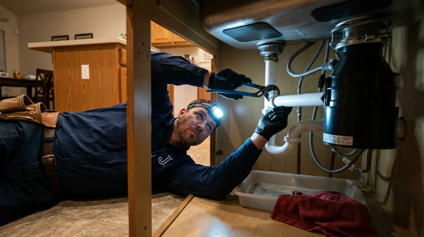 P-trap and supply line connections under a kitchen sink showing a common leak point in Ennis, TX